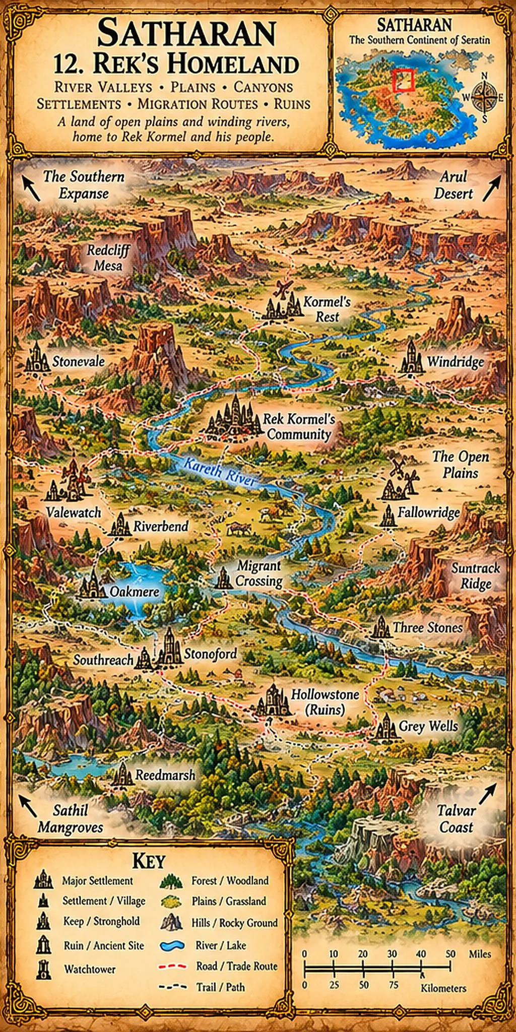 Satharan — Rek’s Homeland. The river valleys, open plains, canyons, settlements and migration routes of Rek’s Homeland.