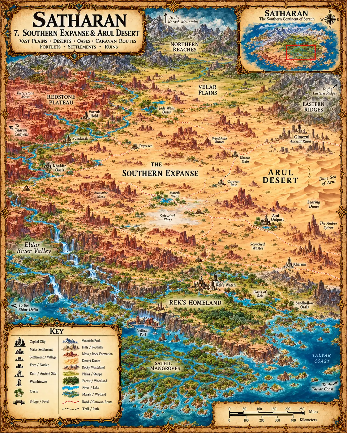 Satharan — The Southern Expanse and Arul Desert. The vast plains, deserts, oases, caravan routes and fortlets of the Southern Expanse and Arul Desert.