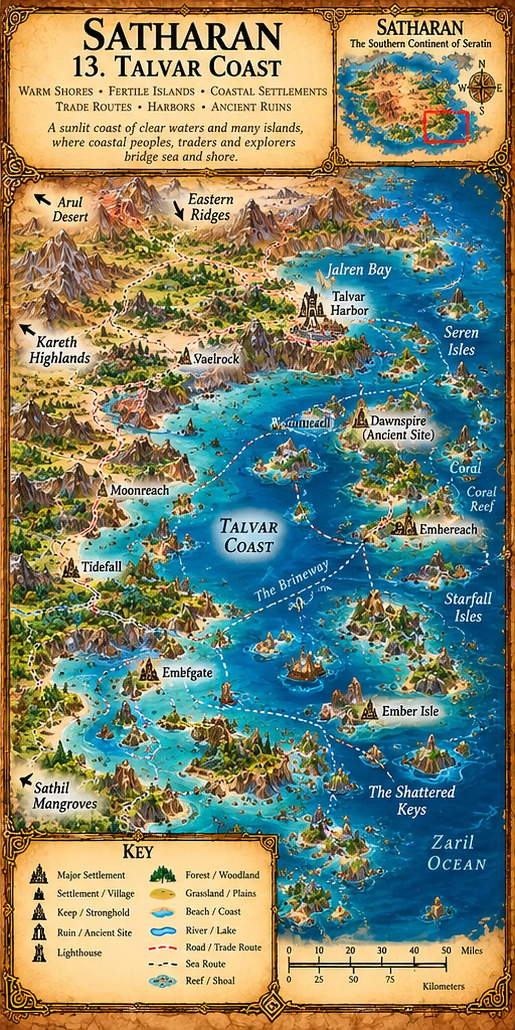 Satharan — The Talvar Coast. The warm shores, fertile islands, coastal settlements, harbors and trade routes of the Talvar Coast.