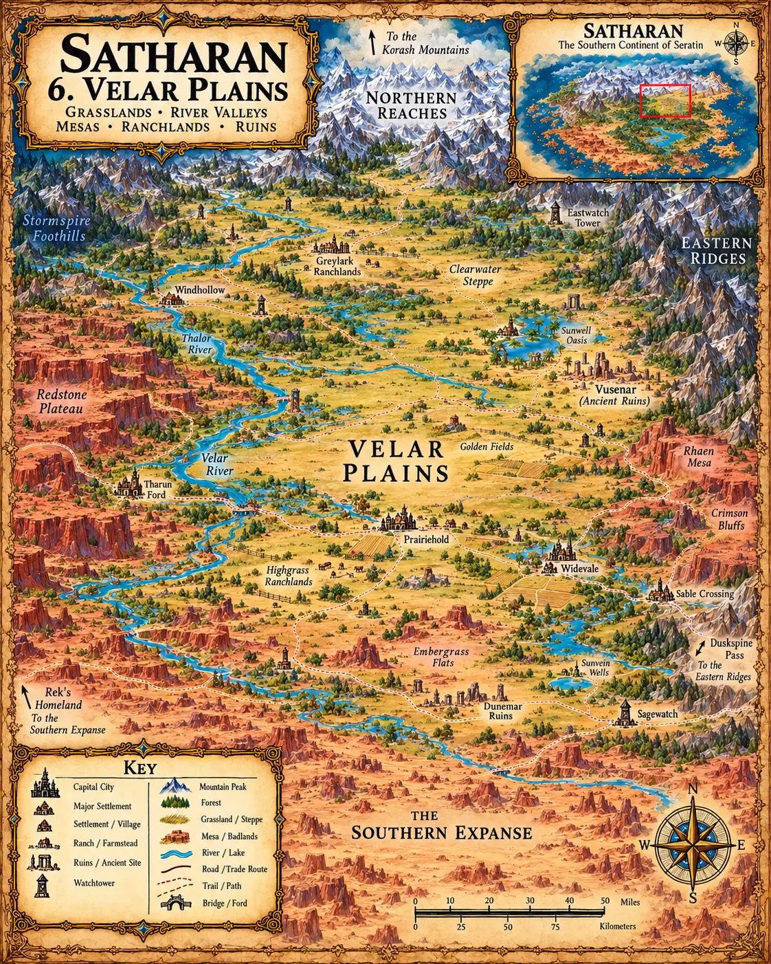 Satharan — The Velar Plains. The grasslands, river valleys, mesas, ranchlands and ruins of the Velar Plains.