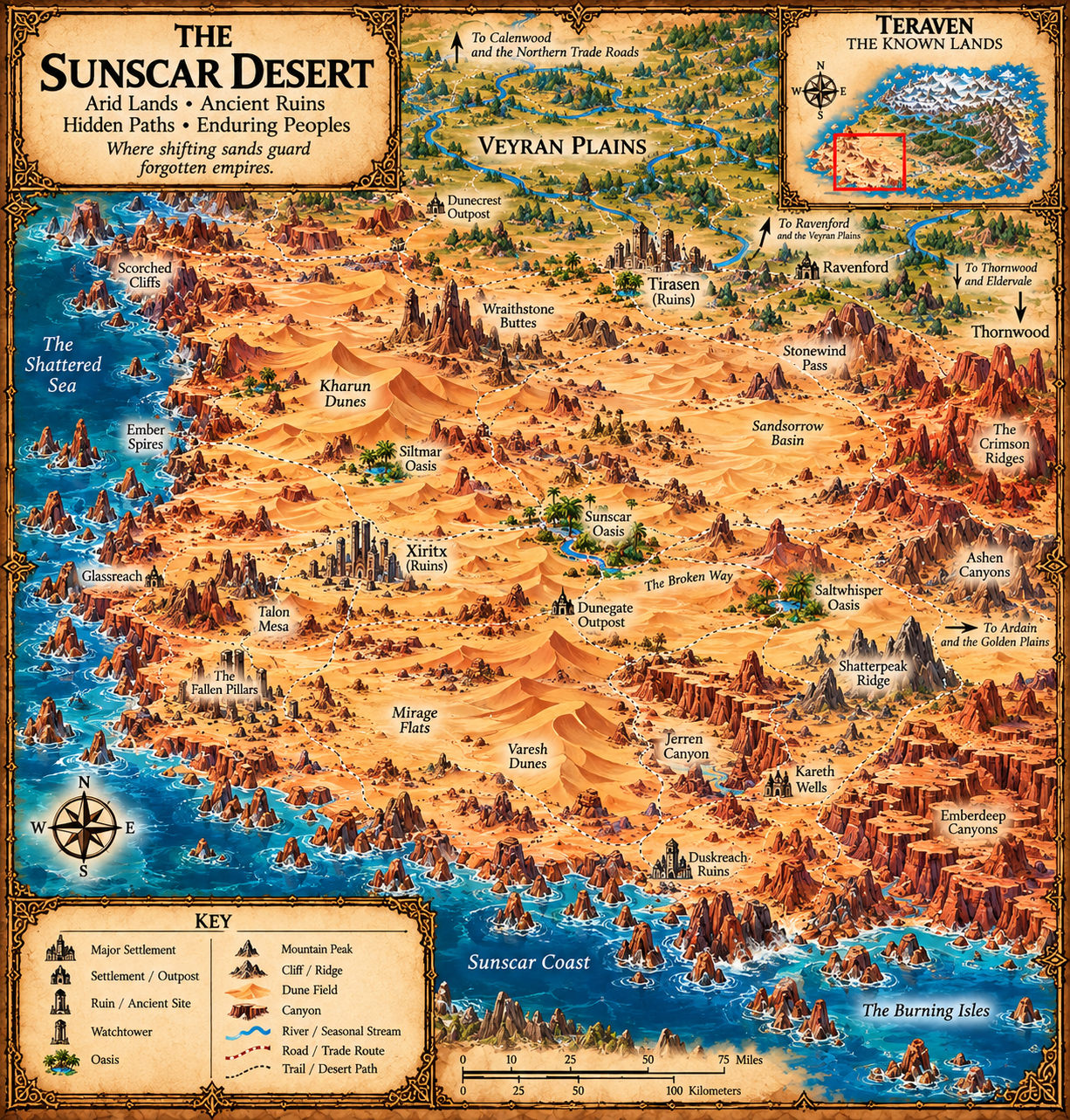 The Sunscar Desert map. The arid lands, ancient ruins and hidden paths of the Sunscar Desert.