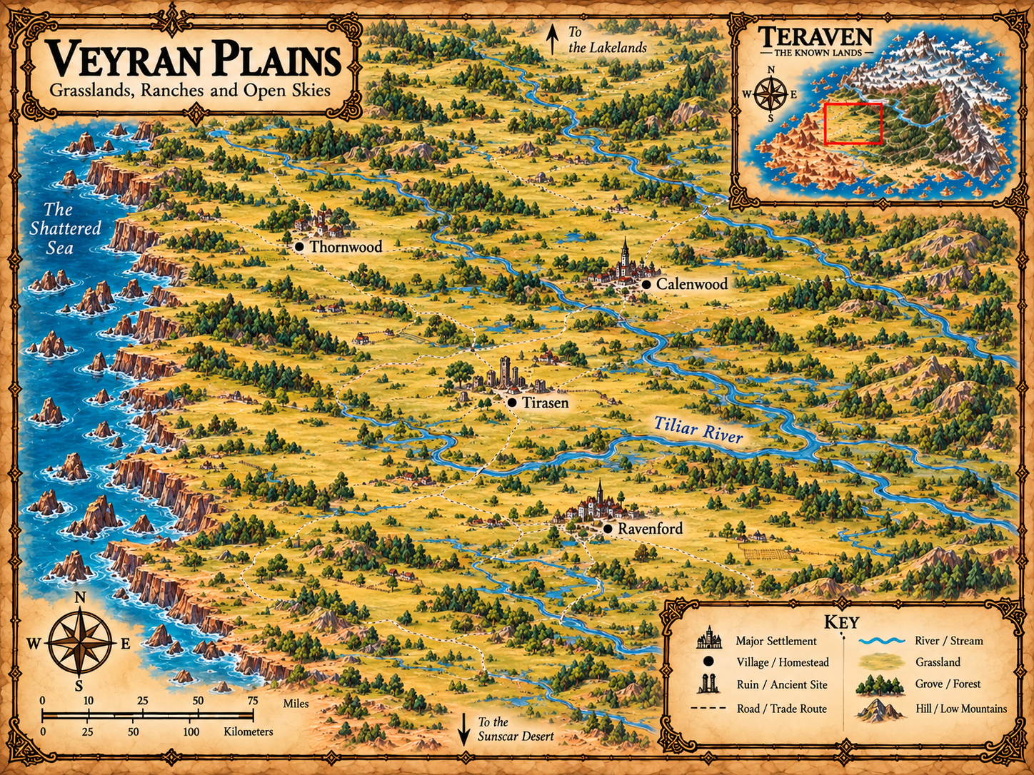 Veyran Plains map. The grasslands, ranches and open skies of the Veyran Plains.