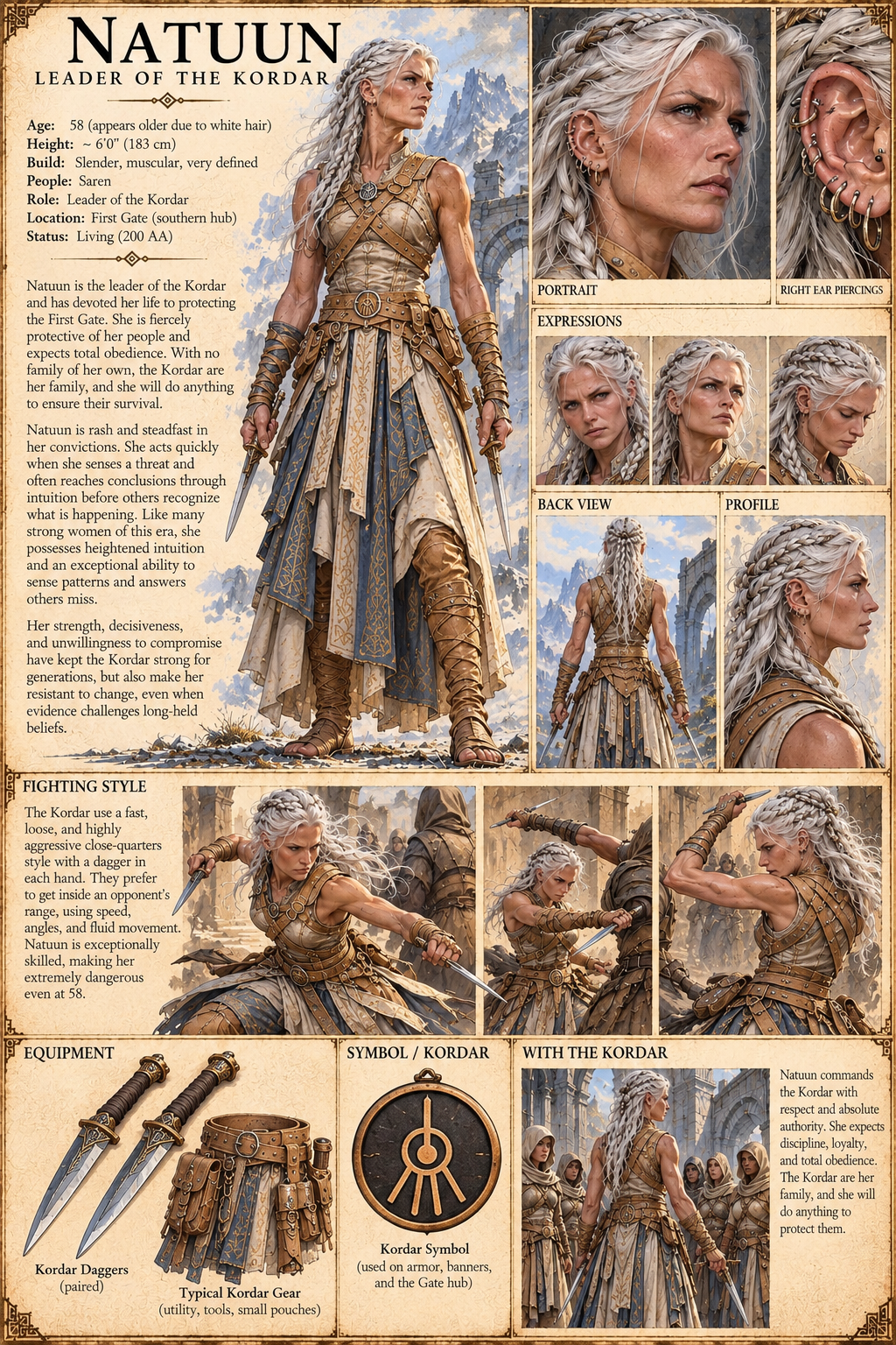 Character reference showing Natuun, leader of the Kordar, with portraits, paired daggers, and equipment.