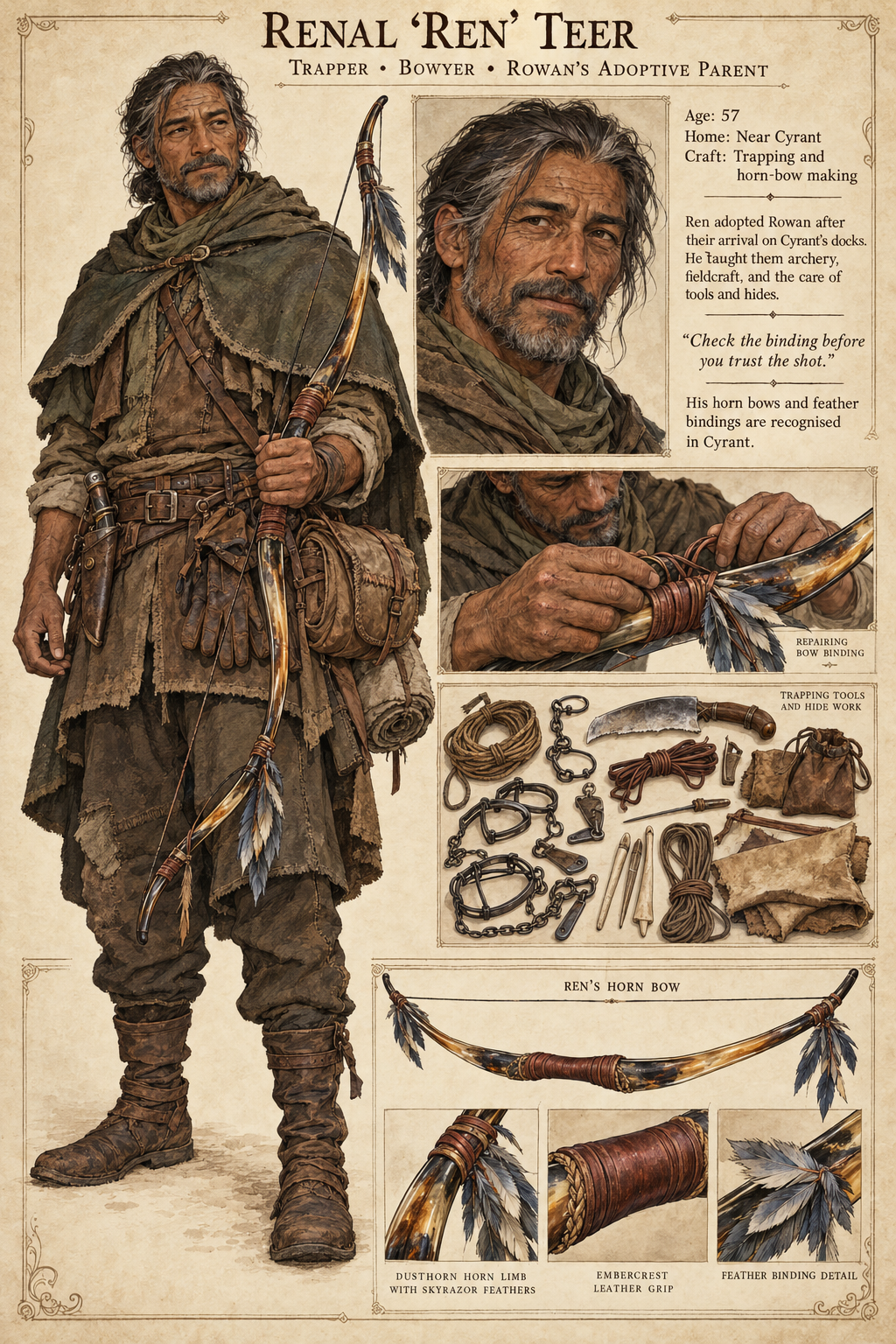 Character reference showing Renal Teer, his horn bow, and trapping tools.
