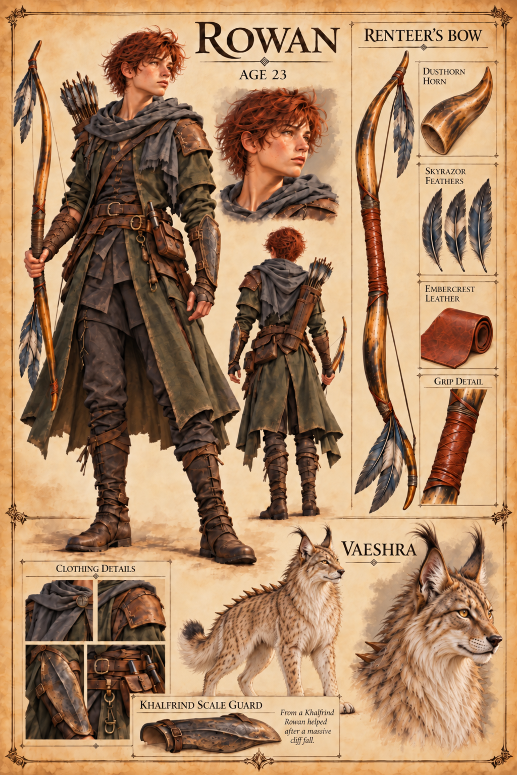 Character reference showing Rowan, their bow and equipment, and Vaeshra.