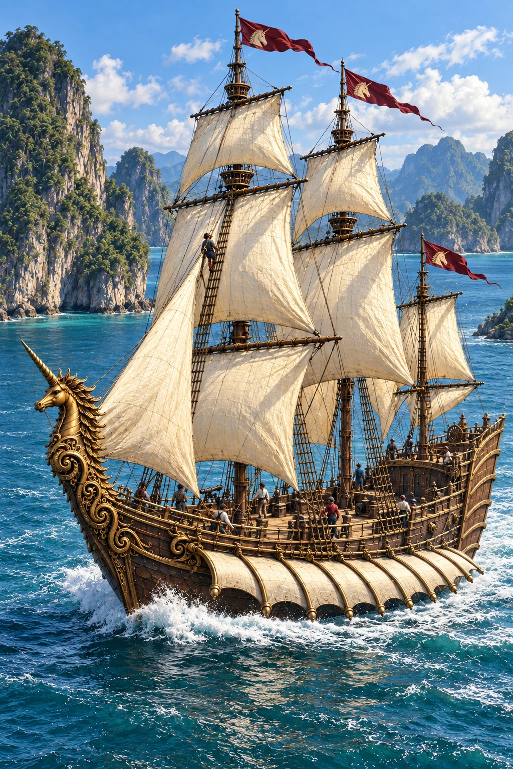 The Sea Spirit with cream sails, red pennants, and an ornate golden prow sailing through turquoise waters among limestone islands