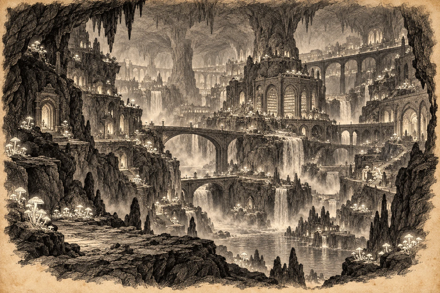Ahndar, the Founders’ Pod in Morvae, with cavern settlements, stone bridges, waterfalls, and glowing fungi.
