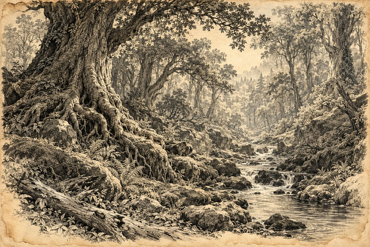 Sepia illustration of Calenwood’s ancient woodland in Teraven, with a rocky stream winding between massive trees, exposed roots, and ferns.