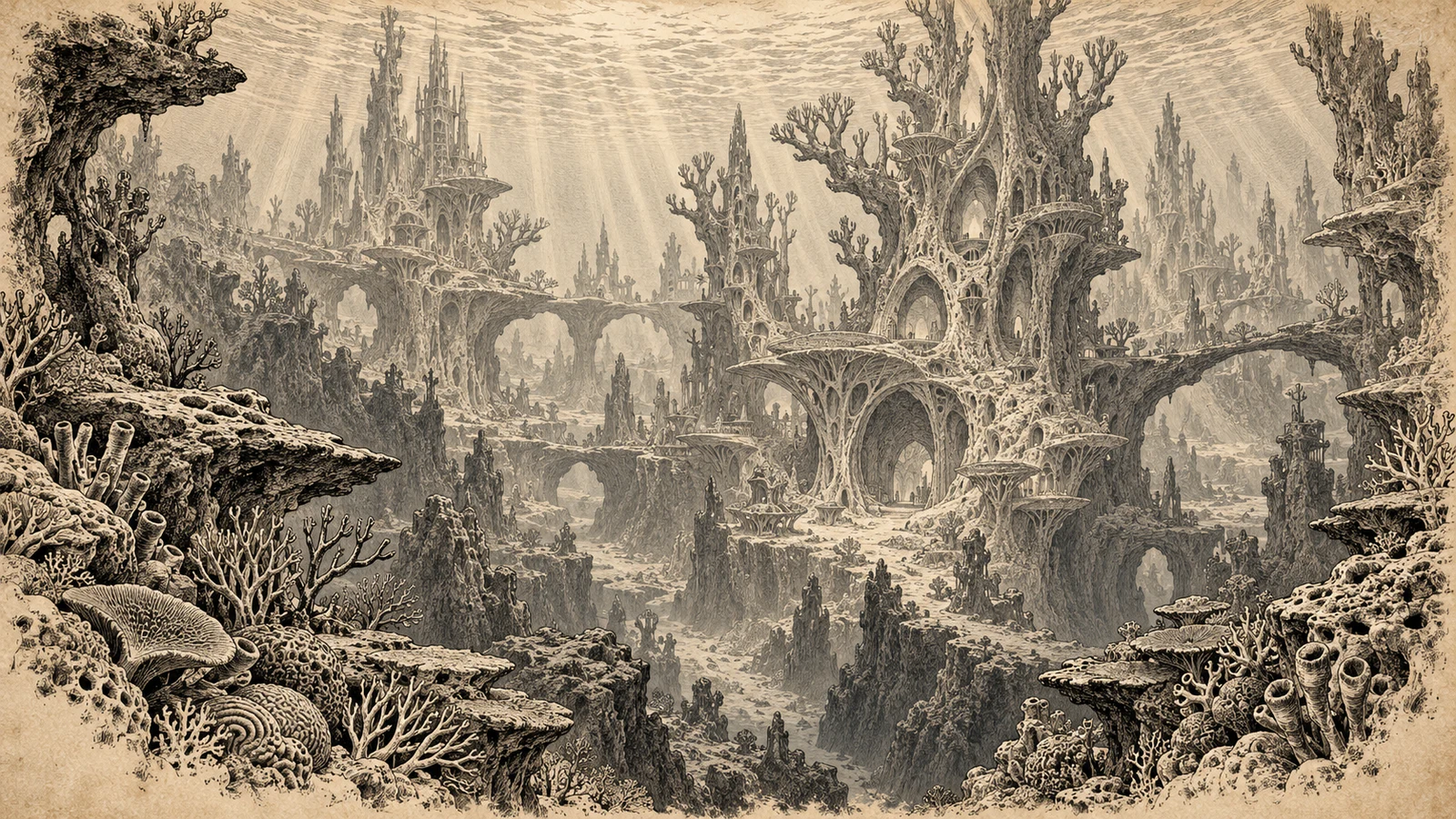 Thalorien’s underwater city in Nera, with living spires, arched bridges, coral, and sunlight filtering through the sea.