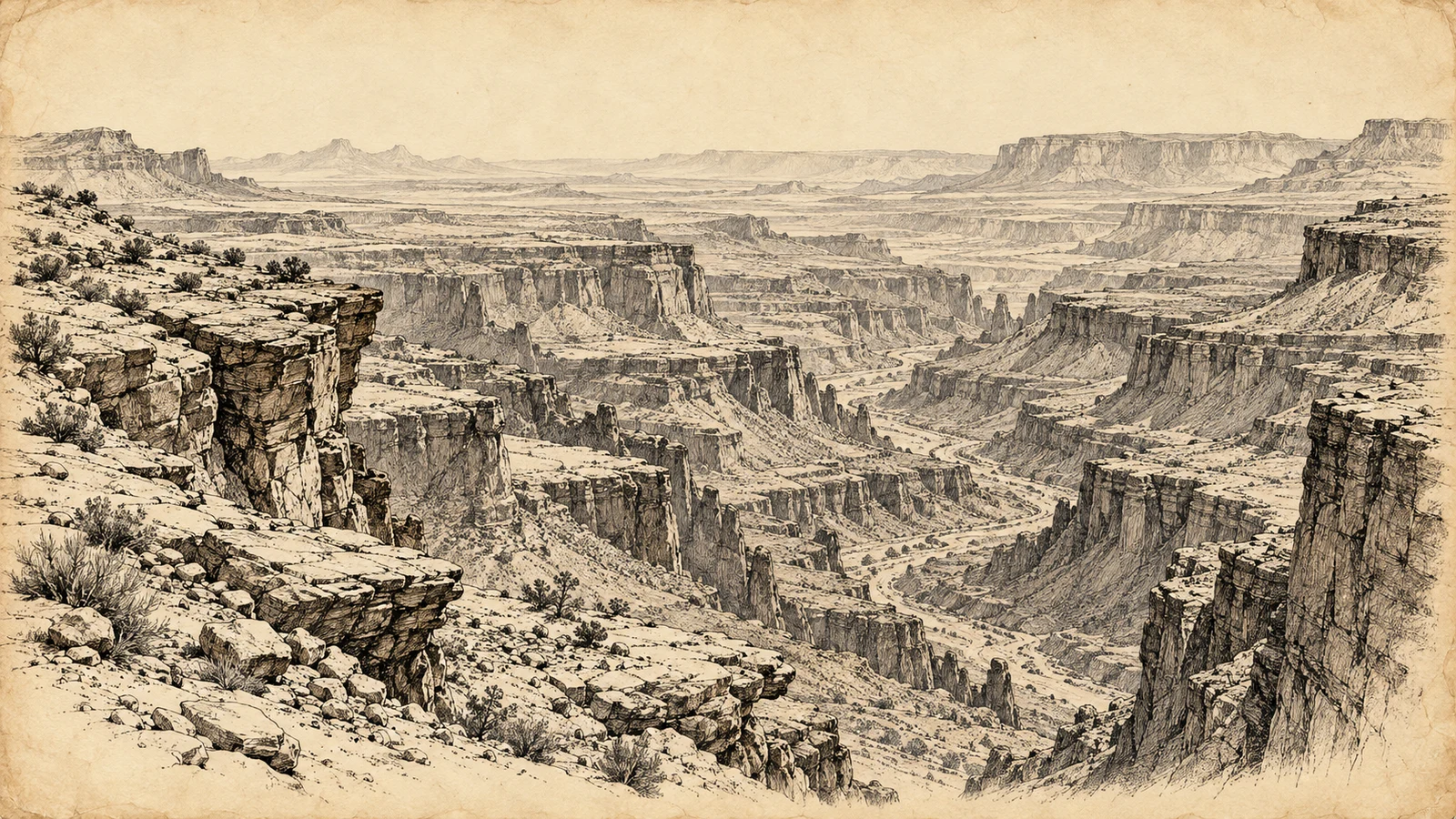 Ink illustration of the Tharun Canyons, with layered cliffs, deep ravines, and distant tablelands.
