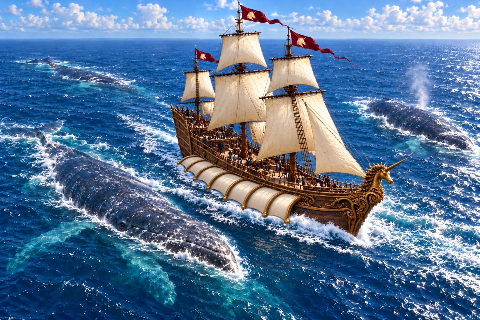 A three-masted galleon with cream sails, red unicorn flags, and a golden unicorn figurehead sailing among whales.