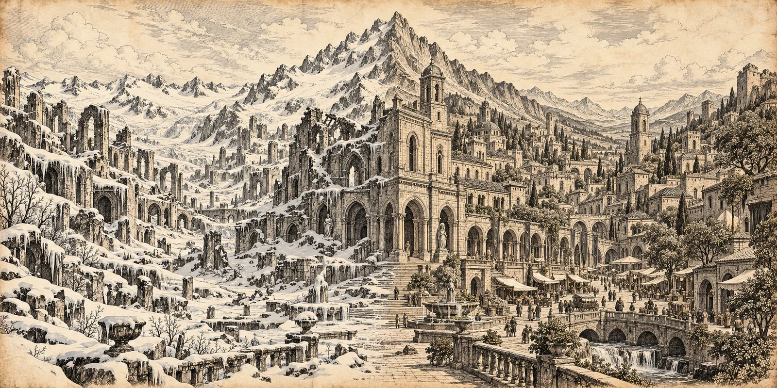 Sepia illustration of a mountain city across two ages, with snow-covered ruins on the left and a thriving city on the right.