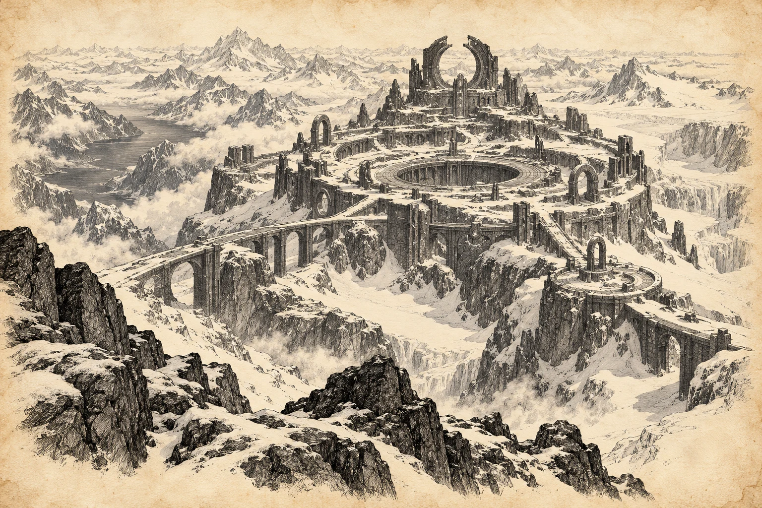 Vorthakel’s ringed ruins, with concentric stone terraces and a monumental circular gateway among snowy mountains.
