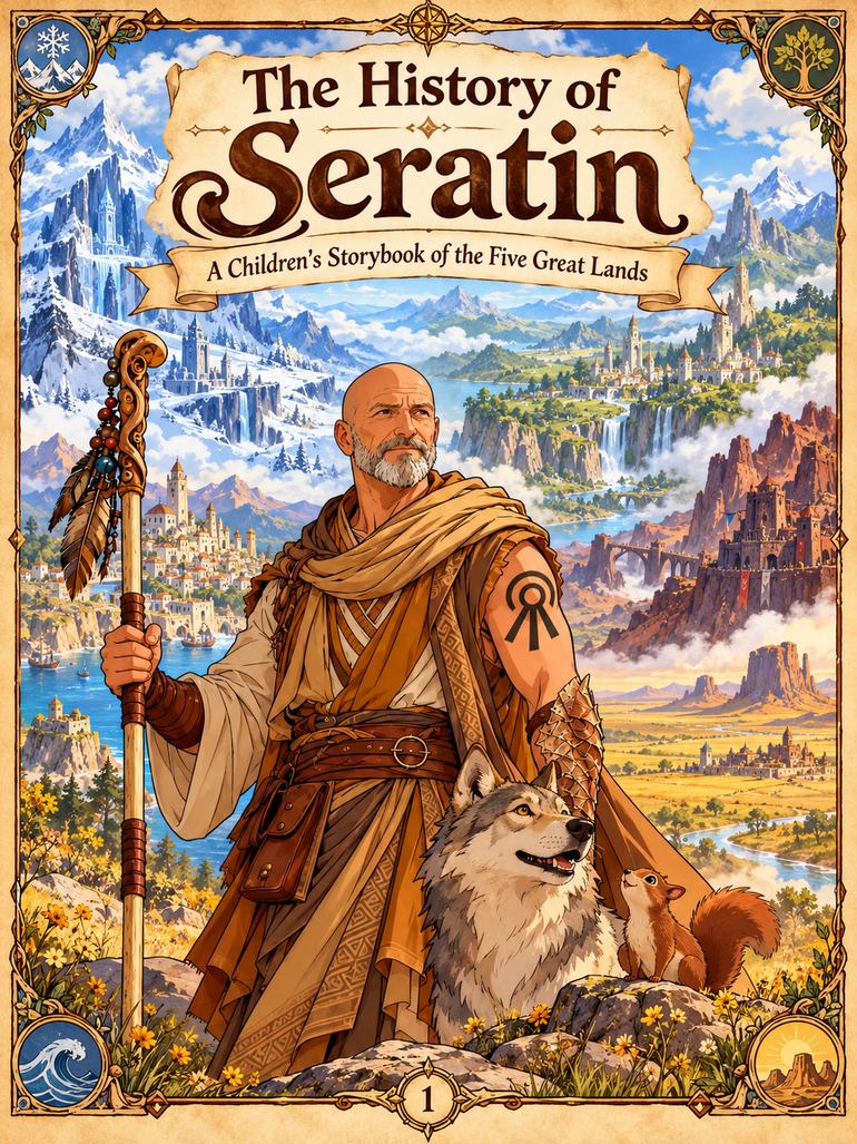 The opening page of The History of Seratin, an illustrated storybook